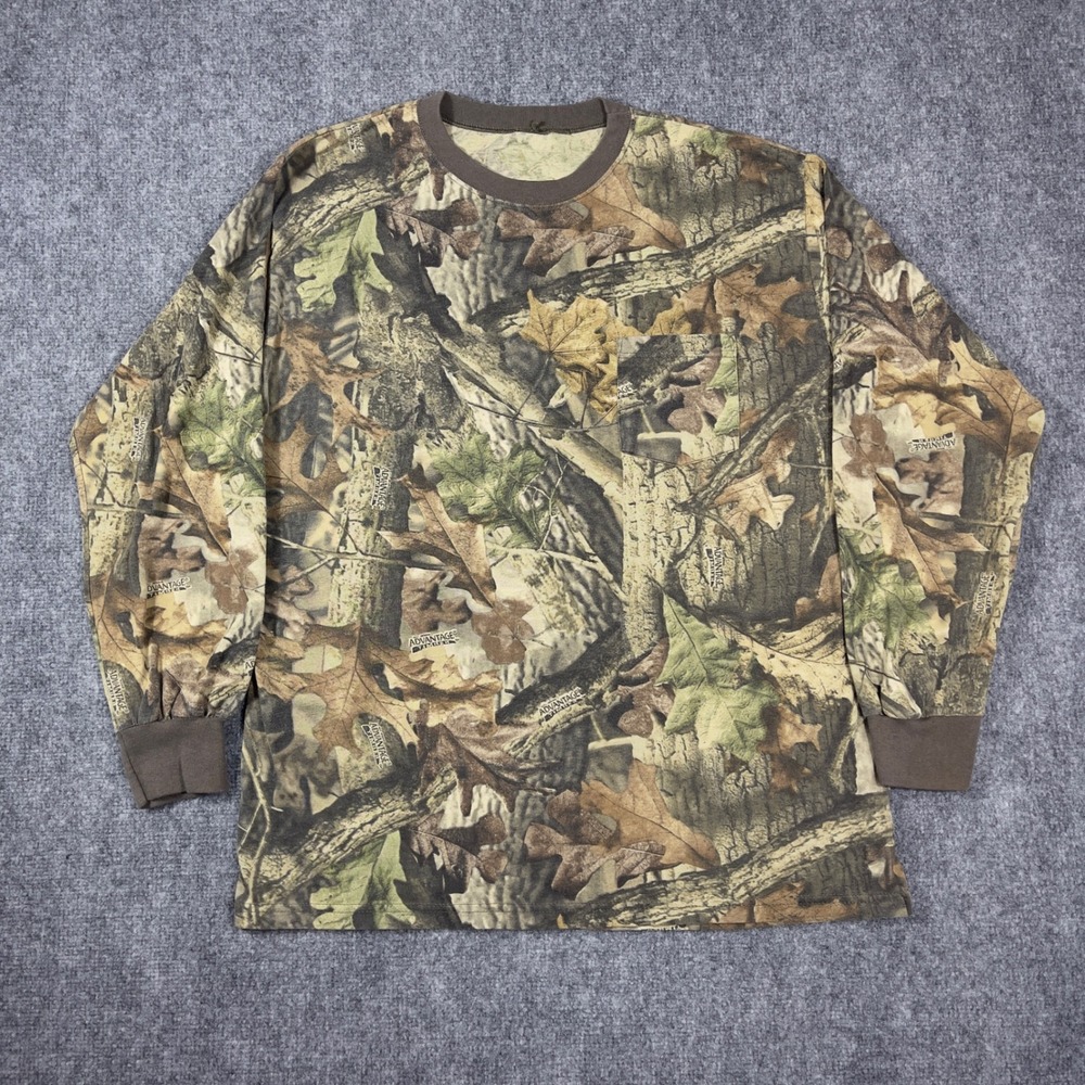 Vintage Camo T-Shirt Mens XL Brown Long Sleeve Pocket Tee Hunting